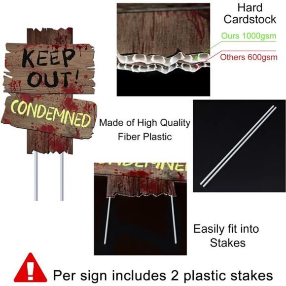 Halloween Decorations Beware Signs Yard Stakes Warning Sign 3 Pcs ,16.5" x 12.2" - Picture 4 of 8
